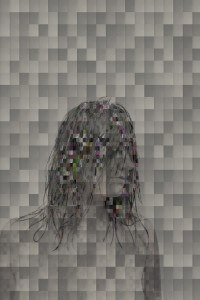 MATTHEW SWARTS A DIGITALLY DISTORTED PORTRAIT OF A PERSONS HEAD AND SHOULDERS AGAINST A PIXELATED BACKGROUND. SOME AREAS ARE RENDERED IN GRAYSCALE, WHILE OTHERS FEATURE A GLITCHY EFFECT WITH COLORFUL SQUARES.