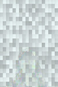 MATTHEW SWARTS A WOMANS FACE EMERGES FROM A PIXELATED, CHECKERED BACKGROUND IN MUTED GRAYS AND BLUES, WITH TOUCHES OF COLOR ON HER FACE.