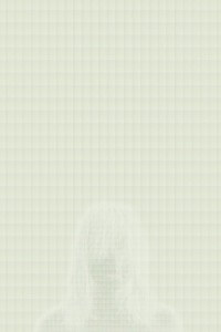 MATTHEW SWARTS FAINT, GHOSTLY PORTRAIT OF A PERSON WITH WISPY HAIR AGAINST A PALE GREEN CHECKERED BACKGROUND.