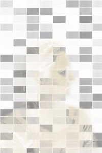 MATTHEW SWARTS MONOCHROMATIC, PIXELATED PORTRAIT OF A WOMAN, RENDERED IN SHADES OF GRAY AND WHITE WITH SUBTLE GOLD ACCENTS.