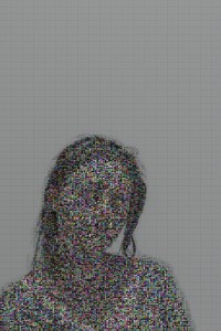 MATTHEW SWARTS A MOSAIC PORTRAIT OF A PERSONS HEAD AND SHOULDERS, COMPOSED OF TINY COLORFUL PIXELS ON A GREY GRID.