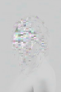MATTHEW SWARTS MONOCHROMATIC IMAGE OF A FIGURE COVERED IN WHITE, FEATHERY STRANDS AND IRIDESCENT, PIXELATED SQUARES.