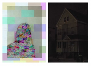 MATTHEW SWARTS A DIGITAL PORTRAIT OF A PERSON IS SHOWN NEXT TO A HOUSE AT NIGHT. THE PORTRAIT IS MADE OF COLORFUL PIXELS, WITH PASTEL BLOCKS OVERLAYING IT. THE HOUSE IS A PALE GREEN, WITH WINDOWS GLOWING FAINTLY.
