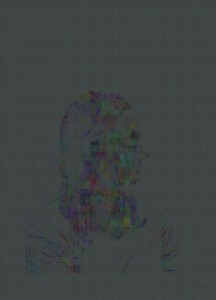 MATTHEW SWARTS A PIXELATED, GLITCH ART PORTRAIT OF A WOMAN IN PROFILE.