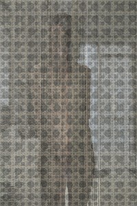 MATTHEW SWARTS CLOSE-UP, ABSTRACT, TEXTURED IMAGE WITH LAYERED PATTERNS OF GRAY AND BEIGE GEOMETRIC SHAPES RESEMBLING SCALES OR BEADS. A VERTICAL STRIPE DOWN THE CENTER REVEALS A FAINT IMAGE OF A PERSON.