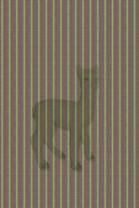 MATTHEW SWARTS A SEMI-TRANSPARENT GRAY RABBIT SILHOUETTE OVERLAID ON A COLORFUL STRIPED FABRIC PATTERN WITH VERTICAL LINES IN LIME GREEN, ORANGE, AND PURPLE.
