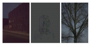 MATTHEW SWARTS THREE IMAGES SIDE-BY-SIDE: A DARK BRICK BUILDING AT DUSK, A PIXELATED PORTRAIT OF A PERSON, AND A BARE TREE AGAINST A TWILIGHT SKY.
