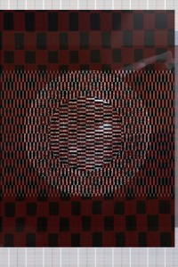MATTHEW SWARTS AN ABSTRACT IMAGE WITH A LARGE, DISTORTED OVAL SHAPE IN THE CENTER. THE BACKGROUND IS A RED AND BLACK CHECKERED PATTERN.
