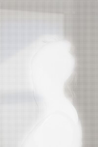 MATTHEW SWARTS A BLURRED, BRIGHT WHITE SILHOUETTE OF A PERSONS HEAD AND SHOULDERS AGAINST A TEXTURED GRAY BACKGROUND WITH HINTS OF BLUE.