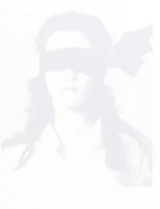 MATTHEW SWARTS A FADED, HIGH-CONTRAST VISUAL BY MATTHEW SWARTS DEPICTS A PERSON WITH LONG HAIR, WEARING A BLINDFOLD AND FACING FORWARD. THE PLAIN, LIGHT BACKGROUND AND BARELY VISIBLE FACIAL FEATURES CREATE A STRIKING DIGITAL COMPOSITION.