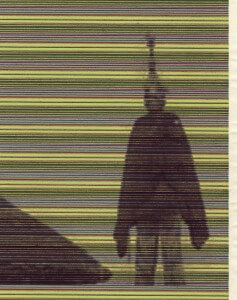 MATTHEW SWARTS A CONTEMPORARY ART PIECE BY MATTHEW SWARTS, THIS DISTORTED IMAGE FEATURES HORIZONTAL COLORED LINES, A SHADOWY, UNCLEAR FIGURE STANDING UPRIGHT IN THE CENTER-RIGHT, AND A DARK TRIANGULAR SHAPE ON THE LEFT SIDE.