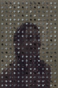 MATTHEW SWARTS A SHADOWY SILHOUETTE OF A PERSONS HEAD AND SHOULDERS IS VISIBLE THROUGH A GRID OF CIRCULAR PATTERNS IN SHADES OF GRAY, BLUE, AND PINK.