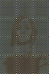 MATTHEW SWARTS ABSTRACT DIGITAL PATTERN FEATURING A DENSE CHECKERBOARD GRID IN BLACK, GREY, AND TAN, WITH ACCENTS OF YELLOW AND RED. A SYMMETRICAL DARKER SHAPE EMERGES FROM THE CENTER, RESEMBLING A STYLIZED FACE OR MASK.