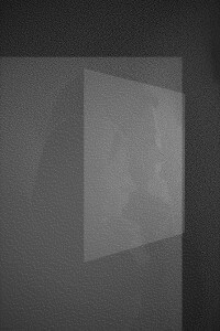 MATTHEW SWARTS MONOCHROMATIC IMAGE OF A TRANSLUCENT SQUARE OVERLAPPING A STIPPLED DARK GRAY BACKGROUND, CREATING A LAYERED, ABSTRACT COMPOSITION.