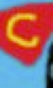 MATTHEW SWARTS A LARGE YELLOW LETTER C ON A RED, TRIANGULAR BACKGROUND WITH A BLUE AREA SURROUNDING IT. THE IMAGE IS HIGHLY PIXELATED AND BLURRY.