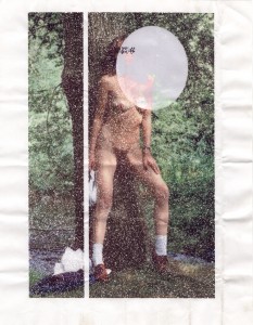 MATTHEW SWARTS A GRAINY, DISTORTED DIGITAL IMAGE SHOWS A PERSON STANDING OUTDOORS BY A TREE. THEIR FACE AND UPPER BODY ARE OBSCURED BY A LARGE, SEMI-TRANSPARENT WHITE CIRCLE, GIVING THE SCENE A CONTEMPORARY ART FEEL AMID LUSH GREEN FOLIAGE.