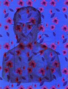 MATTHEW SWARTS A BLUE-TONED CONTEMPORARY PORTRAIT IS PARTIALLY OBSCURED BY A PATTERN OF PURPLE FLOWERS AND GREEN LEAVES ON STEMS, SET AGAINST A SOLID BLUE BACKGROUND. THE FLORAL OVERLAY CREATES A LAYERED, TEXTURED EFFECT IN THIS STRIKING WORK OF ART.