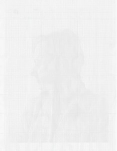 MATTHEW SWARTS FAINT PROFILE PORTRAIT OF A PERSON, RENDERED IN PALE GRAY TONES ON A GRID BACKGROUND.