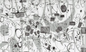 MATTHEW SWARTS BLACK AND WHITE ABSTRACT ART BY MATTHEW SWARTS FEATURES SCATTERED, OVERLAPPING LETTERS, NUMBERS, AND SHAPES OF VARYING SIZES AND THICKNESSES, CREATING A CHAOTIC, LAYERED EFFECT THAT EMBODIES A BOLD CONTEMPORARY STYLE.