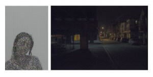 MATTHEW SWARTS A DIGITIZED PORTRAIT OF A WOMAN MADE OF COLORFUL PIXELS ON THE LEFT, AND A DARKENED STREET SCENE WITH PARKED CARS UNDER AN OVERPASS ON THE RIGHT.