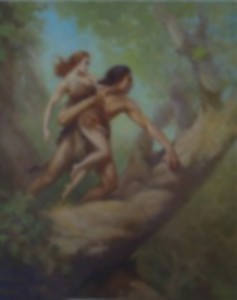 MATTHEW SWARTS A BLURRED PAINTING SHOWS A MAN CARRYING A WOMAN AS HE CLIMBS A LARGE TREE IN A LUSH, GREEN FOREST SETTING, CAPTURING AN EVOCATIVE VISUAL REMINISCENT OF EARLY HUMAN LIFE. THE FIGURES APPEAR TO BE WEARING MINIMAL OR ANIMAL-SKIN CLOTHING.