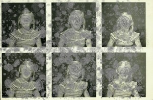MATTHEW SWARTS SIX VINTAGE-STYLE PORTRAITS OF A PERSON IN STRIPED CLOTHING, EACH FACE OBSCURED BY SWIRLING, FINGERPRINT-LIKE PATTERNS AND OVERLAPPING GRAY SPOTS, CREATING AN ABSTRACT, MYSTERIOUS VISUAL EFFECT REMINISCENT OF CONTEMPORARY ART.