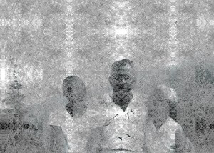 MATTHEW SWARTS THREE PEOPLE STAND SIDE BY SIDE, FACING THE CAMERA. THEIR FACIAL FEATURES ARE LARGELY OBSCURED BY AN INTRICATE, LACE-LIKE PATTERN OVERLAYING THE IMAGE, CREATING A TEXTURED EFFECT. THIS CONTEMPORARY ART PIECE IS EVOCATIVE OF MATTHEW SWARTS' SIGNATURE STYLE.