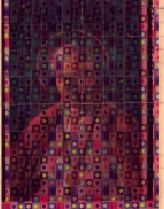 MATTHEW SWARTS A GRID OF COLORFUL, OVERLAPPING TRANSLUCENT CIRCLES OVERLAYS A DARK, FADED PORTRAIT WITH A HALO, BLENDING RELIGIOUS ICONOGRAPHY WITH CONTEMPORARY VISUAL ART IN THE STYLE OF MATTHEW SWARTS.