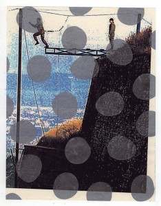 MATTHEW SWARTS TWO PEOPLE STAND ON A PLATFORM OVER A STEEP DROP; ONE IS JUMPING OR WALKING OFF THE EDGE. MATTHEW SWARTS' VISUAL ART OVERLAYS LARGE, SEMI-TRANSPARENT GRAY DOTS AGAINST A BACKDROP OF BLUE SKY AND LANDSCAPE.
