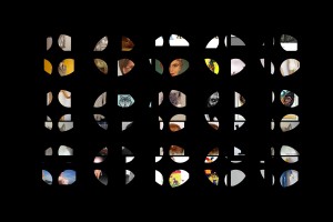 MATTHEW SWARTS A VISUAL GRID OF CIRCLES WITH PARTS OF VARIOUS ARTWORKS OR PHOTOS VISIBLE INSIDE EACH CIRCLE, SET AGAINST A BLACK BACKGROUND. THE CUT-OUT CIRCLES PARTIALLY REVEAL FACES, OBJECTS, AND COLORFUL ELEMENTS BY MATTHEW SWARTS.
