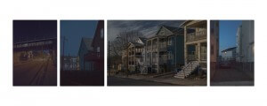 MATTHEW SWARTS FOUR DARK URBAN PHOTOS: A PEDESTRIAN BRIDGE AT NIGHT, A DIMLY LIT HOUSE NEAR POWER LINES, A ROW OF MULTI-STORY COLORFUL HOMES ON A QUIET STREET AT DUSK, AND A NARROW ALLEY BETWEEN TALL RESIDENTIAL BUILDINGS AT TWILIGHT.