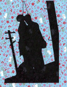 MATTHEW SWARTS A VISUAL, CONTEMPORARY SILHOUETTE OF A COUPLE KISSING, WITH ONE PERSON STANDING ON A STEP, SET AGAINST A BLUE BACKGROUND WITH WHITE RABBITS, RED FLOWERS, AND SWIRLING YELLOW VINES IN THE STYLE OF MATTHEW SWARTS.