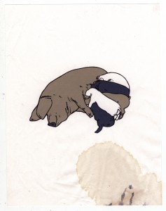 MATTHEW SWARTS DIGITAL ILLUSTRATION OF A BROWN PIG LYING DOWN WHILE THREE PIGLETS—ONE WHITE, ONE BLACK, AND ONE WHITE WITH BLACK SPOTS—NURSE BESIDE HER. A LARGE STAIN APPEARS ON THE LOWER RIGHT CORNER OF THE PAPER, ADDING A UNIQUE VISUAL DETAIL.