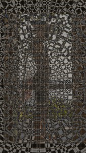 MATTHEW SWARTS AN ABSTRACT, DIGITALLY CREATED IMAGE FEATURES A DISTORTED, KALEIDOSCOPIC VIEW OF A PERSON HOLDING A PHONE, WITH GEOMETRIC PATTERNS OVERLAYING THE SCENE.
