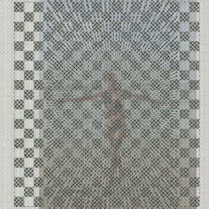 MATTHEW SWARTS ABSTRACT DIGITAL ARTWORK FEATURING A RADIAL PATTERN OF DARK INTERLOCKING GEOMETRIC SHAPES AND LINES CONVERGING AT A CENTRAL POINT, OVERLAID ON A MUTED BLUE-GRAY BACKGROUND WITH A FAINT CROSS-LIKE FORM VISIBLE AT THE CENTER.