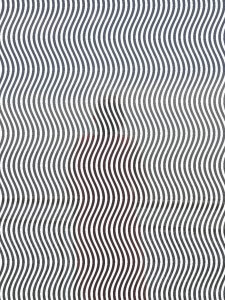 MATTHEW SWARTS ABSTRACT BACKGROUND WITH A HIDDEN IMAGE OF A PERSON, MADE OF VERTICAL, WAVY LINES IN DARK BLUE AND RED HUES.