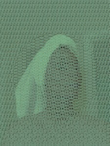 MATTHEW SWARTS A TEAL AND BROWN ABSTRACT IMAGE MADE OF TINY, REPEATING LINES. A SOFT, LIGHT TEAL SWOOSH CURVES OVER A DARKER, ROUND SHAPE ON THE RIGHT.