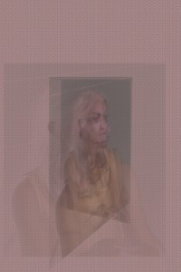 MATTHEW SWARTS A SUPERIMPOSED IMAGE SHOWS A WOMANS FACE WITH MULTIPLE EXPOSURES, CREATING A BLURRED, ETHEREAL EFFECT, SET AGAINST A REPEATING GEOMETRIC PATTERN.