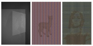 MATTHEW SWARTS THREE ABSTRACT PANELS: A DARK GRAINY IMAGE WITH A GLOWING RECTANGLE, A STRIPED PURPLE AND GOLD GRID WITH A FAINT CIRCULAR SHAPE, AND A CHECKERBOARD PATTERN IN MUTED GREEN, GRAY, AND GOLD TONES.
