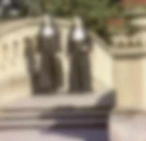 MATTHEW SWARTS TWO NUNS IN BLACK HABITS AND WHITE WIMPLES STAND ON A SUNLIT OUTDOOR STAIRCASE NEXT TO A YOUNG CHILD. THE BACKGROUND FEATURES GREENERY AND A CURVED RAILING. THE IMAGE IS BLURRED.