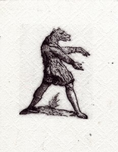 MATTHEW SWARTS A BLACK AND WHITE ILLUSTRATION BY MATTHEW SWARTS OF A PERSON IN A BEAR COSTUME STANDS UPRIGHT WITH ARMS EXTENDED, EVOKING A DOCUMENTARY ART AESTHETIC ON A TEXTURED WHITE BACKGROUND.