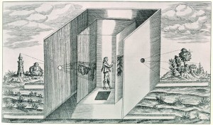 MATTHEW SWARTS A BLACK-AND-WHITE ILLUSTRATION DEPICTS A PERSON INSIDE A LARGE BOX-LIKE CAMERA OBSCURA, OBSERVING IMAGES OF OUTDOOR SCENES PROJECTED ONTO THE WALLS THROUGH SMALL HOLES, WITH LIGHT RAYS ENTERING FROM OPPOSITE SIDES.