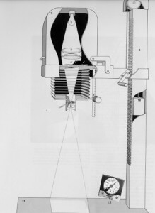 MATTHEW SWARTS DIAGRAM OF A PHOTOGRAPHIC ENLARGER PROJECTING AN IMAGE ONTO PHOTO PAPER BELOW, SHOWING KEY COMPONENTS LIKE THE LIGHT SOURCE, LENS, AND ADJUSTABLE COLUMN, WITH A PHOTO OF A CLOCK BEING ENLARGED ON THE BASEBOARD.