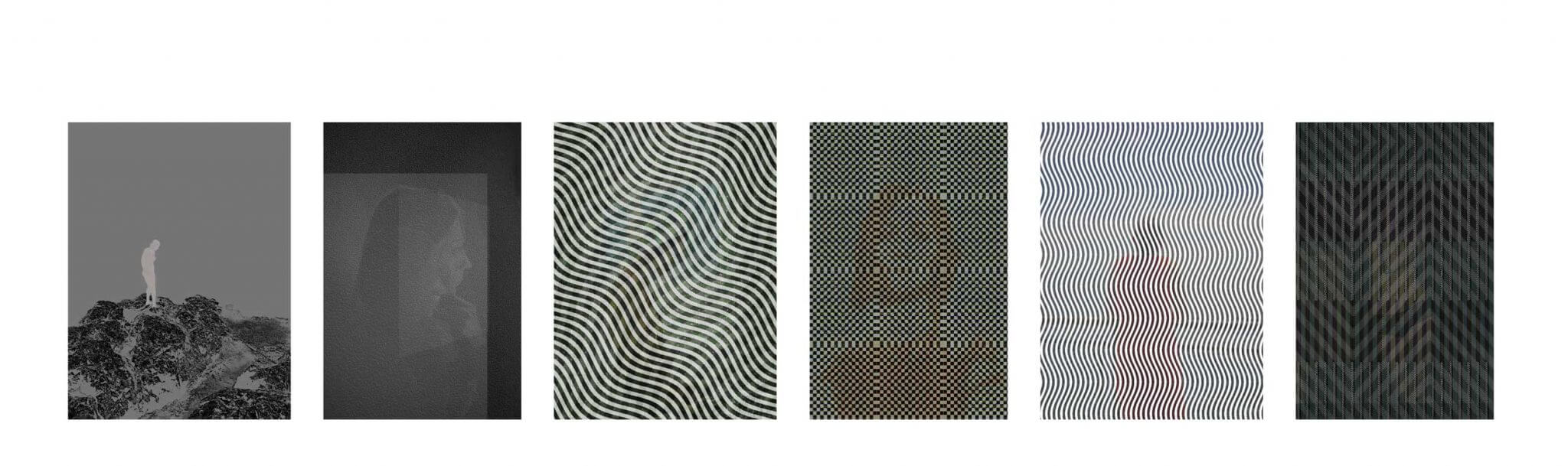 MATTHEW SWARTS Six rectangular panels display contemporary abstract designs: the first shows a solitary figure on a rocky hill, followed by grayscale and patterned images with wavy or geometric lines, gradually increasing in visual complexity.