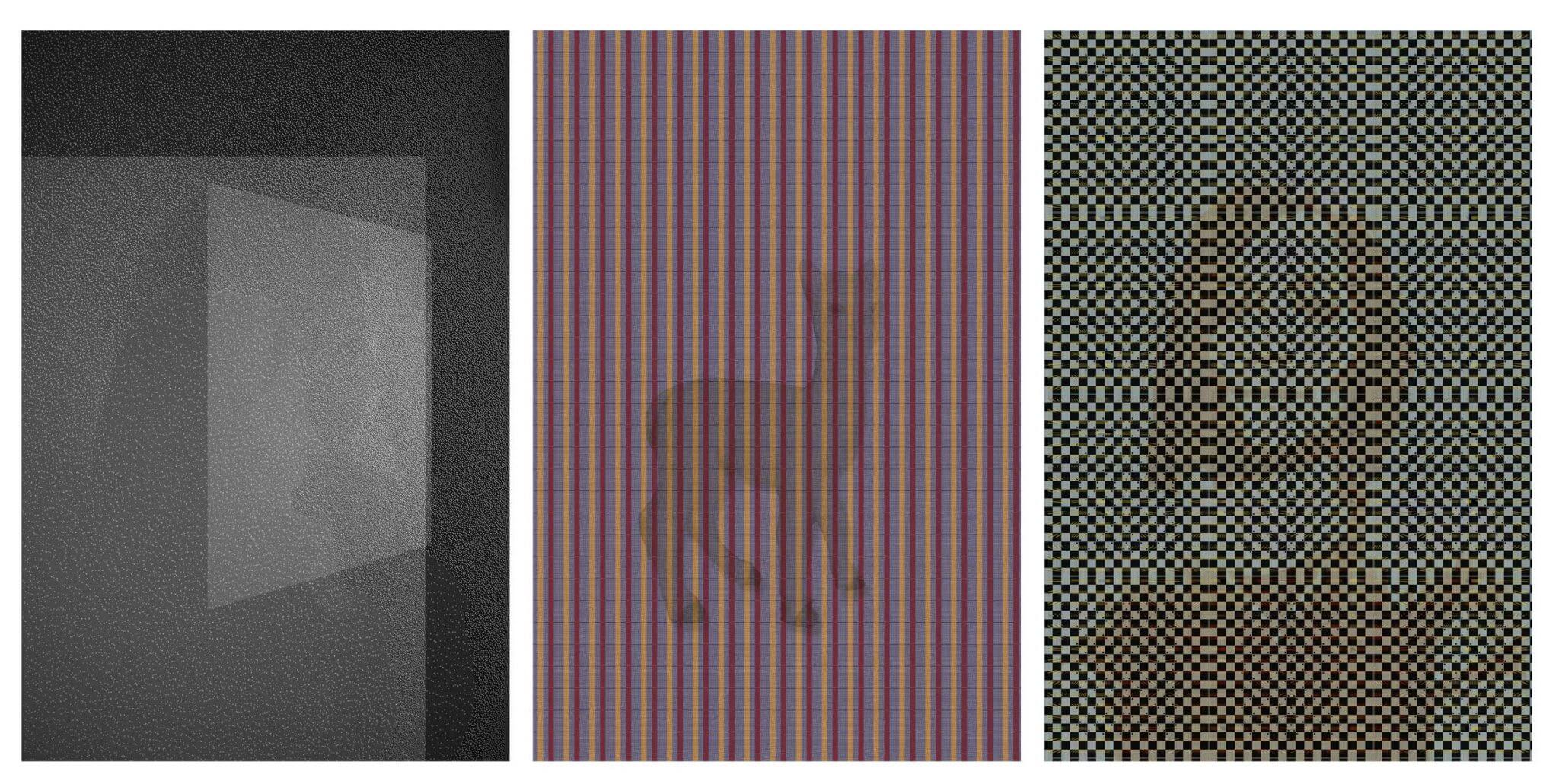 MATTHEW SWARTS Three abstract panels by artist Matthew Swarts: left shows translucent rectangles on a dark textured background; center features a faint animal silhouette behind colored lines; right displays a black, white, and brown geometric grid pattern.