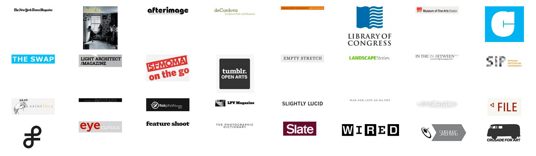 MATTHEW SWARTS A collage of various magazine, organization, and publication logos—including the Library of Congress, Wired, Slate, Tumblr Open Arts, and others—showcasing ART photographer Matthew Swarts is arranged in five rows on a white background.