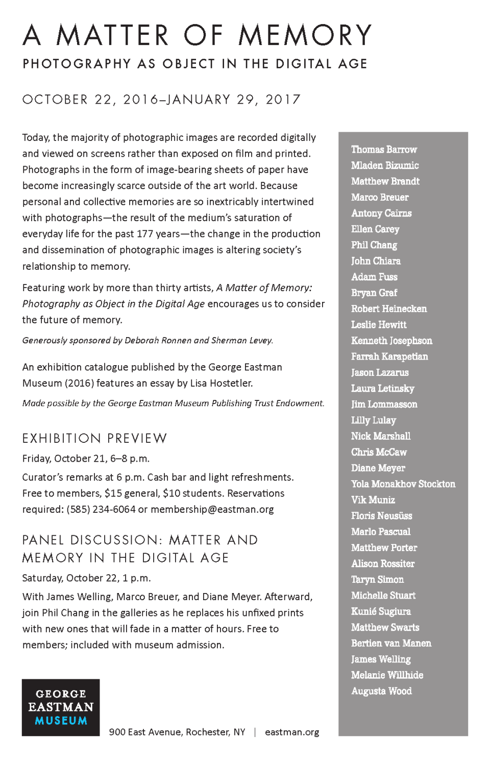 MATTHEW SWARTS A Matter of Memory at the George Eastman Museum to open October 22, 2016 gem matterofmemory e flyer