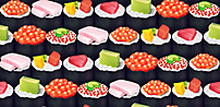 MATTHEW SWARTS A repeating pattern of various sushi pieces, including nigiri with tuna and salmon, sushi rolls with fish roe, tamago (egg), and garnishes, all set against a dark background—perfect for adding a touch of visual art to any space.