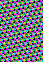 MATTHEW SWARTS A colorful geometric pattern of repeating triangles in pink, green, yellow, turquoise, and black creates a visually striking, kaleidoscopic design—perfect for fans of contemporary art.