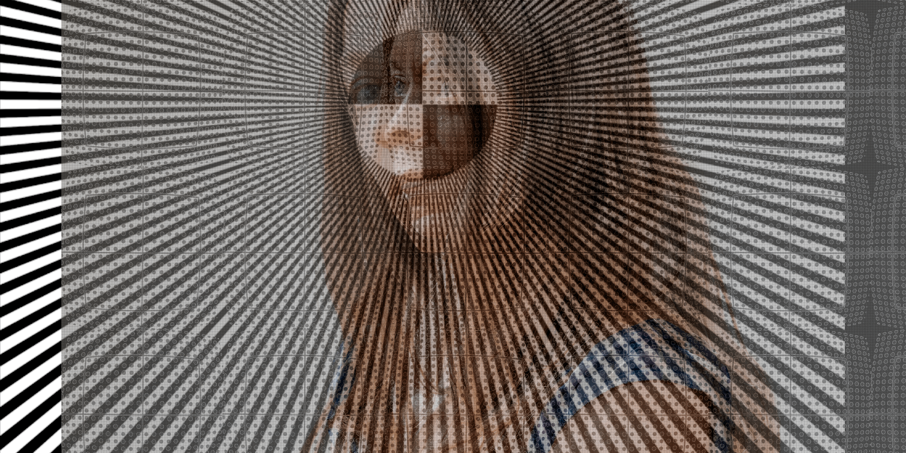 MATTHEW SWARTS CLEMENCE MG 2343b MATTHEW SWARTS A woman with long brown hair stands against a plain background. The image blends PHOTOGRAPHY and CONTEMPORARY ART, featuring black and white radiating lines and geometric patterns for a visually striking, abstract effect.